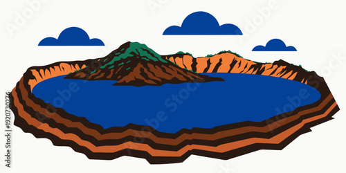 USA, US, U.S, United States - Volcanic Crater Lake Poster – Bold Geological Landscape Art Featuring Caldera Walls, Island Peak & Scenic Natural Terrain in Modern Graphic Style
