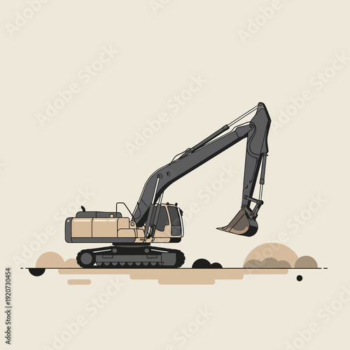 Industrial Excavator Machine In Action On Construction Site Minimalist Illustration Style