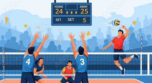 A dynamic illustration of a professional volleyball match with players spiking and blocking at the net, a scoreboard showing a close game, and a blurred audience in the background.
