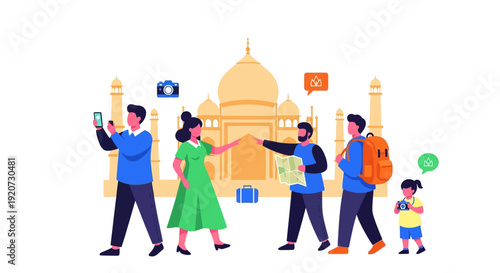 A group of diverse tourists exploring India, with the iconic Taj Mahal and various cultural symbols in the background.