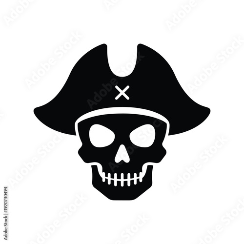 Black Solid Pirate Skull with Hat Silhouette Icon Vector