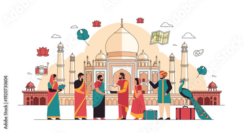 Illustration of Indian culture and tourism with famous landmarks, traditional crafts, music, dance, and people filming.
