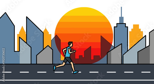 An illustration of a man running on a city street with a large orange sun setting or rising behind modern buildings.