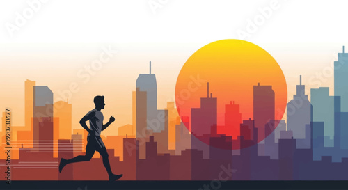 A silhouette of a man running in front of a modern city skyline with a large, vibrant orange sun setting or rising in the background.