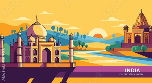 A vibrant, stylized illustration of the Taj Mahal and another Indian monument at sunset, with rolling hills and a river.