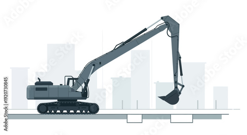 Industrial Excavator On Construction Site With Cityscape Backdrop