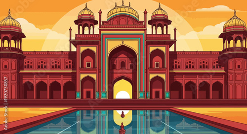 A detailed illustration of a grand red sandstone Mughal-style building with domes and arches, reflected in a tranquil pool under a warm sky.