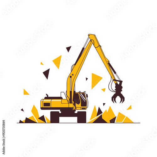 Industrial Excavator With Grapple Arm Working On Demolition Site