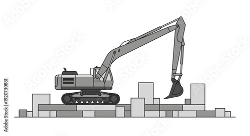 Industrial Excavator Working On City Construction Site Vector Art
