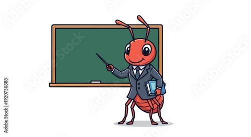 Cartoon ant in a business suit standing in front of a green chalkboard, holding a pointer and books, with a cheerful expression on a plain white background.