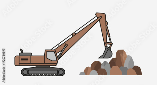 Industrial Excavator Working On Construction Site With Rocky Terrain Illustration