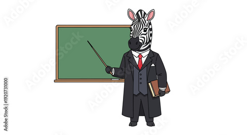 A cartoon zebra wearing a suit and tie stands in front of a green chalkboard, holding a pointer and books in a humorous educational scene.
