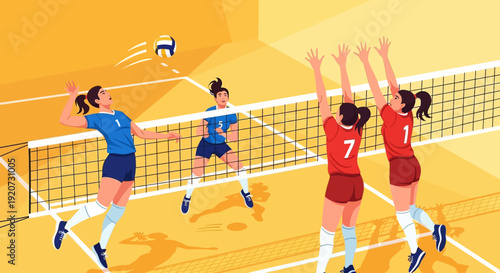 Female volleyball players in action on an indoor court, with one player spiking the ball over the net while opponents attempt to block.