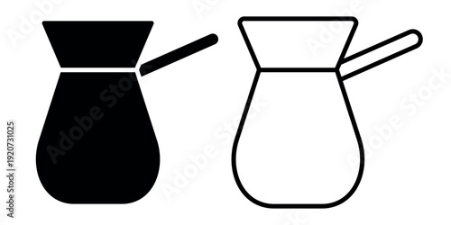 Turk for brewing coffee icon. Black, white silhouette turk full of coffee, isolated on white background. linear illustration, logo for coffee shop, hand drawn artwork