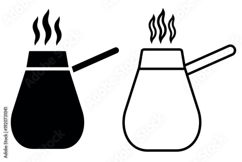 Turk for brewing coffee icon. Black, white silhouette turk full of coffee, isolated on white background. linear illustration, logo for coffee shop, hand drawn artwork