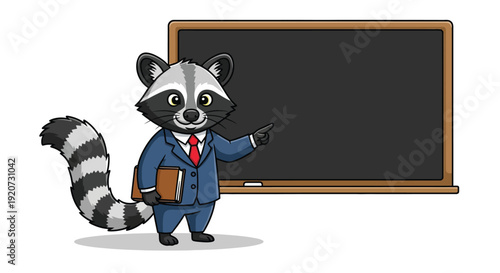 A cartoon raccoon in a blue suit and red tie stands beside a blackboard, holding a book and gesturing with one hand in a classroom setting with a clean white background.