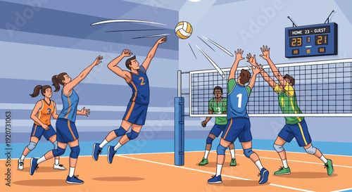 A dynamic indoor volleyball game with players spiking and blocking the ball over the net.