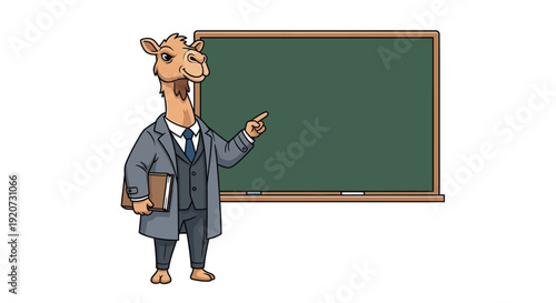 A cartoon giraffe in a business suit and tie stands confidently in front of a green chalkboard, pointing to the right with a book under its arm.