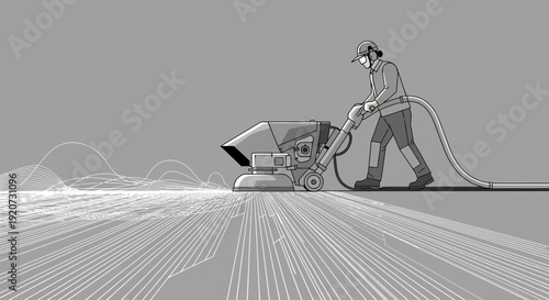 Industrial Floor Grinder Operator Working On Construction Site With Dust Collector