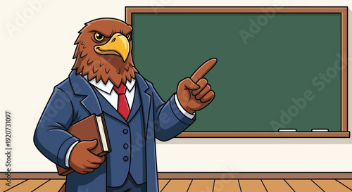 Cartoon eagle wearing a blue suit and red tie holds a book and points in front of a green chalkboard in a classroom.