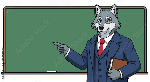 Cartoon wolf in a blue suit and red tie stands in front of a green chalkboard, pointing to the left while holding a book.