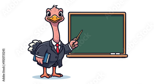 A cartoon turkey wearing a business suit and tie stands beside a green chalkboard, holding a book and pointing with a piece of chalk in a humorous educational scene.