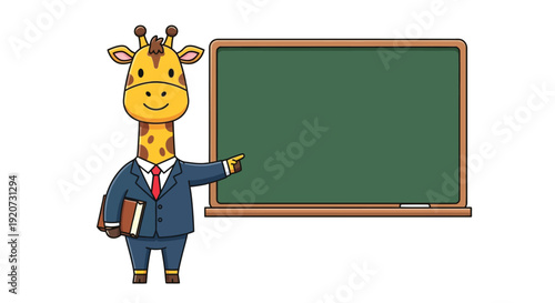 Cartoon giraffe in business suit holding book and pointing at green chalkboard in classroom setting with white background.