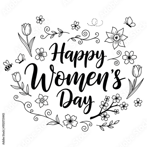 Women's Day and Girl Power lettering designs with floral and decorative elements