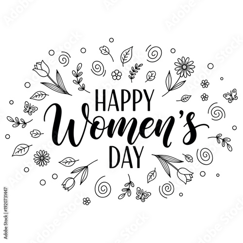 Decorative women empowerment and Women’s Day lettering compositions typography with floral and doodle elements