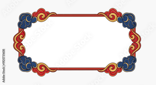 Traditional Chinese frame with red and blue auspicious cloud pattern on white background.