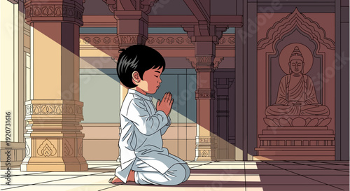 Young boy praying in a serene Buddhist temple with sunlight