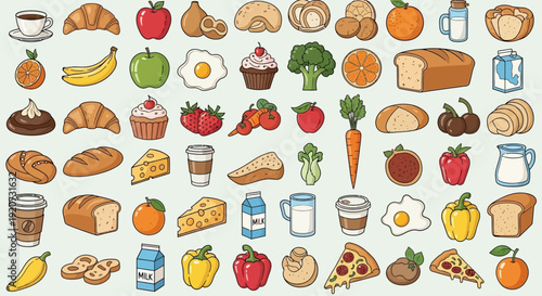 Large collection of hand-drawn food and drink icons in doodle style
