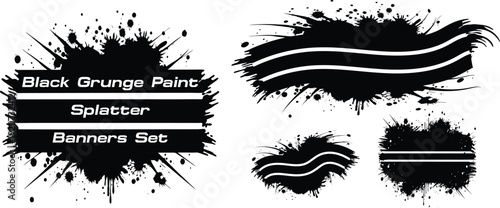 Set of grunge banners and graffiti elements featuring black ink splatters, paint drips, and spray textures in a vector illustration design with dirty brush stain borders and splash patterns