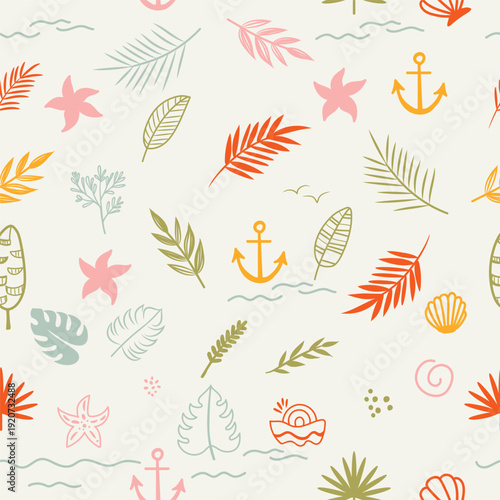 Hawaiian vector hand drawn seamless pattern with green and colorful palm leav...