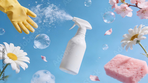 Wallpaper Mural Hand in yellow glove spraying white cleaner bottle with foam bubbles. Pink sponge and white daisies with cherry blossom petals floating on blue background. Spring equinox renewal and fresh cleaning Torontodigital.ca
