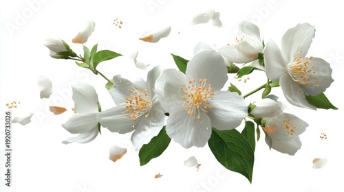 White flowers bloom on branches with green leaves. Petals fall softly from the blossoms. The scene shows brightness and the life of spring. Nature is highlighted in this visual moment.