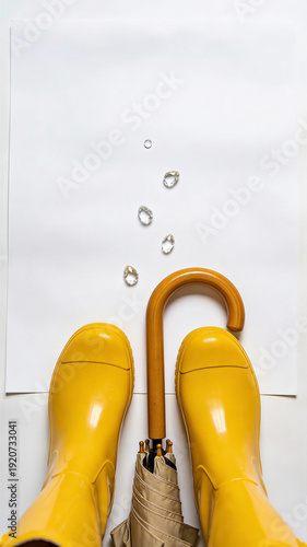 Wallpaper Mural Yellow rain boots standing beside orange umbrella with falling raindrops on white background. Spring equinox weather symbol and seasonal renewal concept. Flat lay for greeting card design. portrait Torontodigital.ca