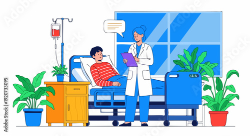 A doctor in a white coat consults with a male patient lying in a hospital bed with an IV drip, surrounded by green potted plants and a large window, depicted in a flat vector illustration.