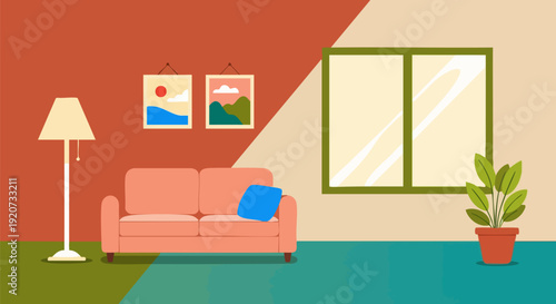 Minimalist living room interior with a peach sofa, floor lamp, two framed landscape paintings, and a potted plant. The room features a large window and a split color wall in red and beige