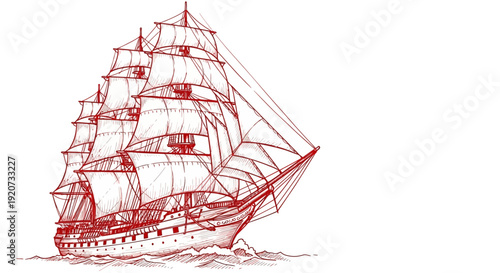 Red Line Art Illustration of a Vintage S.ailing Ship on the Water