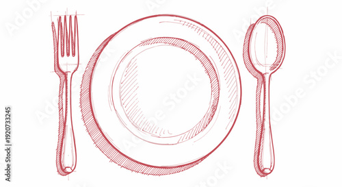 Red line drawing of a dinnerware set on a white background.