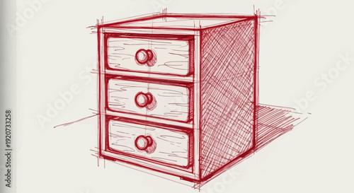 Red ink hand-drawn sketch of a three-drawer chest of drawers