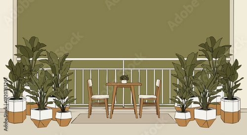 Minimalist balcony with potted plants, a small wooden table, and two chairs, creating a serene outdoor living space. The scene features a muted green background and a white railing