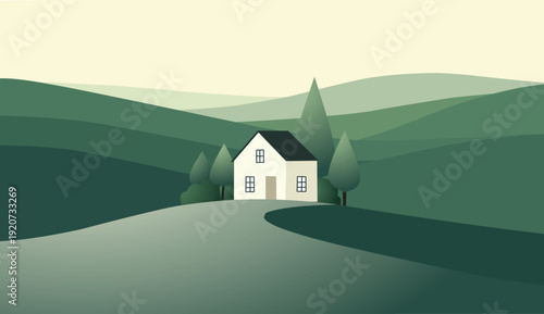 Minimalist House on Green Rolling Hills: Calm Landscape Vector Art