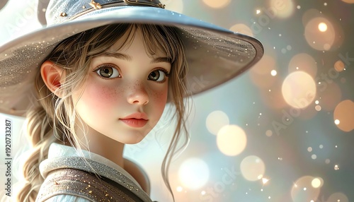 A young, fair-skinned female with a whimsical hat, gazing forward, bokeh background creating a fairytale-like feel