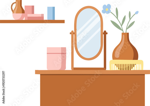 Cozy bedroom or bathroom vanity table with a mirror, vase with flowers, and personal care items. Vector illustration of a dressing table with a shelf and various objects in a flat cartoon style.