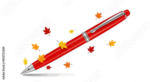 A red pen with autumn leaves falling