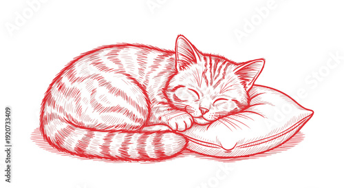 Red line drawing of a cute kitten sleeping peacefully on a pillow.