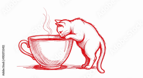 Red line drawing of a cute kitten peering into a steaming hot tea cup on white background.