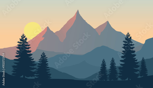 Sunset Over Majestic Mountain Range with Evergreen Trees, Serene Landscape